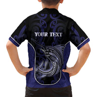 Personalised New Zealand Aotearoa Family Matching Off Shoulder Short Dress and Hawaiian Shirt Blue Marlin Fishing Maori Pattern