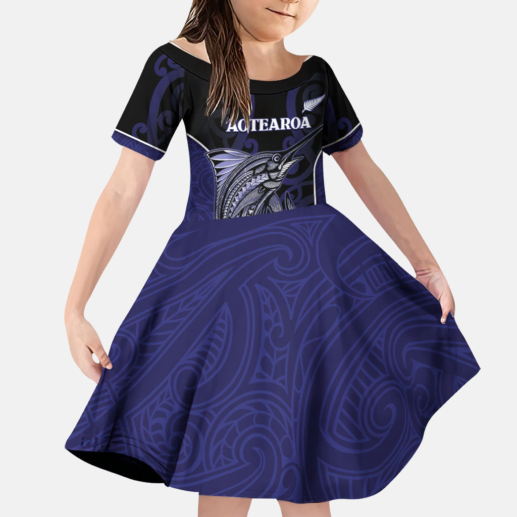Personalised New Zealand Aotearoa Family Matching Off Shoulder Short Dress and Hawaiian Shirt Blue Marlin Fishing Maori Pattern