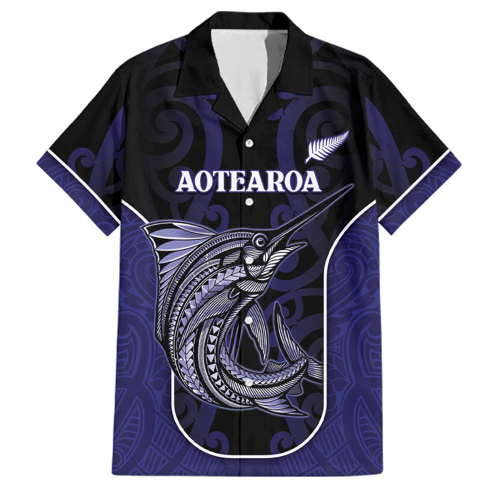 Personalised New Zealand Aotearoa Family Matching Off Shoulder Short Dress and Hawaiian Shirt Blue Marlin Fishing Maori Pattern