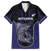 Personalised New Zealand Aotearoa Family Matching Off Shoulder Short Dress and Hawaiian Shirt Blue Marlin Fishing Maori Pattern