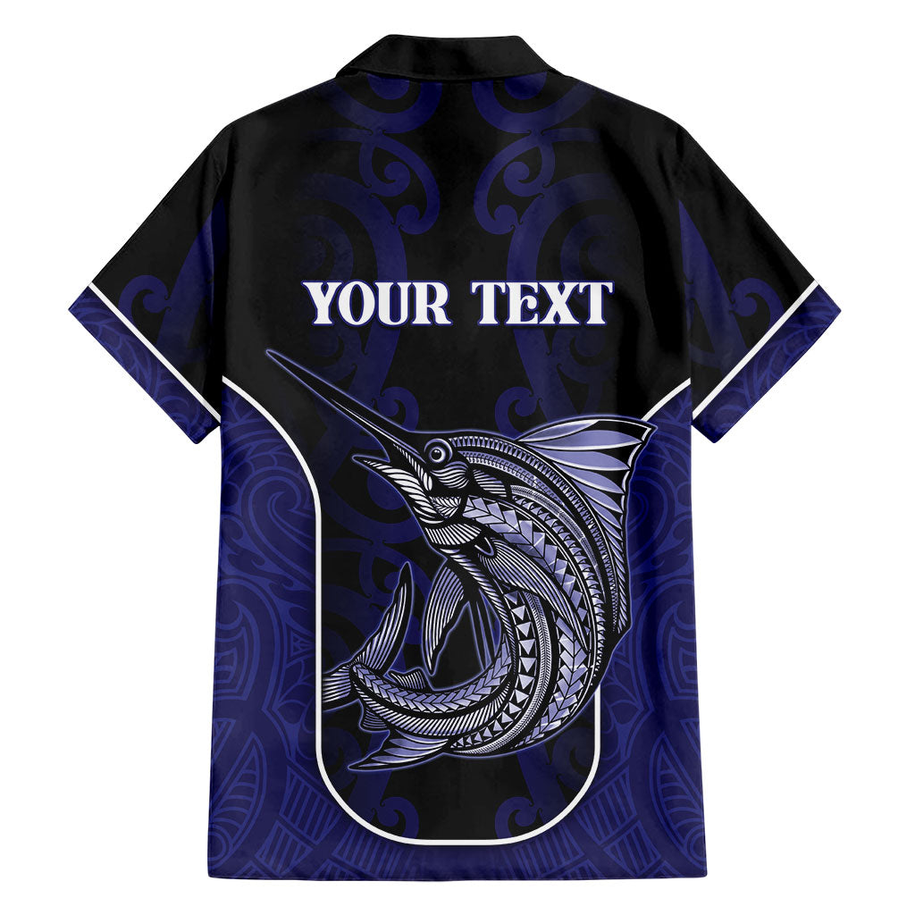 Personalised New Zealand Aotearoa Family Matching Off Shoulder Short Dress and Hawaiian Shirt Blue Marlin Fishing Maori Pattern