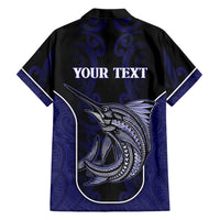 Personalised New Zealand Aotearoa Family Matching Off Shoulder Short Dress and Hawaiian Shirt Blue Marlin Fishing Maori Pattern