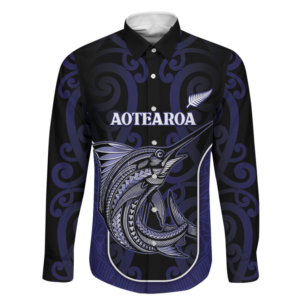 Personalised New Zealand Aotearoa Family Matching Off Shoulder Short Dress and Hawaiian Shirt Blue Marlin Fishing Maori Pattern