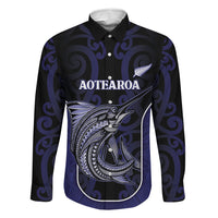 Personalised New Zealand Aotearoa Family Matching Off Shoulder Short Dress and Hawaiian Shirt Blue Marlin Fishing Maori Pattern