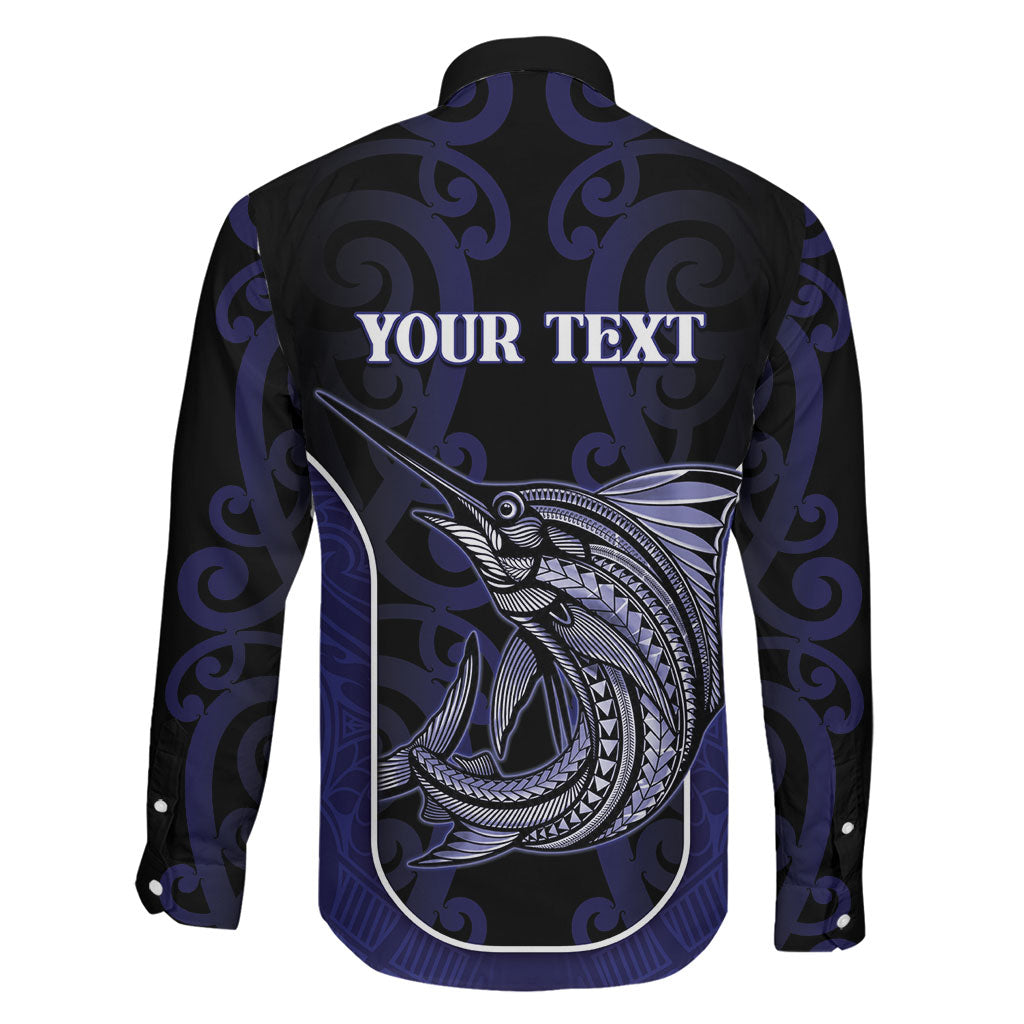 Personalised New Zealand Aotearoa Family Matching Off Shoulder Short Dress and Hawaiian Shirt Blue Marlin Fishing Maori Pattern