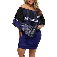 Personalised New Zealand Aotearoa Family Matching Off Shoulder Short Dress and Hawaiian Shirt Blue Marlin Fishing Maori Pattern
