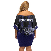 Personalised New Zealand Aotearoa Family Matching Off Shoulder Short Dress and Hawaiian Shirt Blue Marlin Fishing Maori Pattern