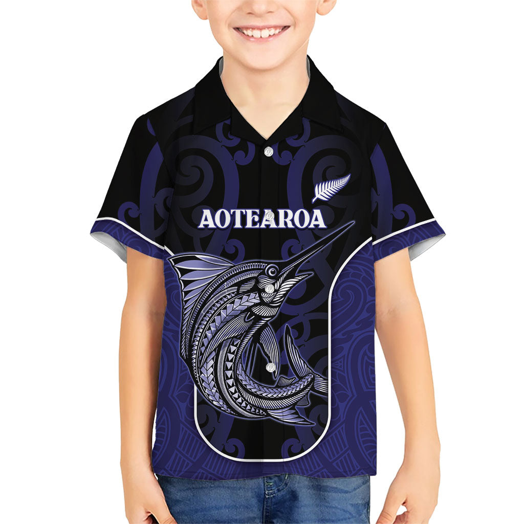 Personalised New Zealand Aotearoa Family Matching Off Shoulder Short Dress and Hawaiian Shirt Blue Marlin Fishing Maori Pattern