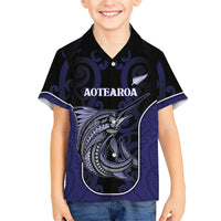 Personalised New Zealand Aotearoa Family Matching Off Shoulder Short Dress and Hawaiian Shirt Blue Marlin Fishing Maori Pattern