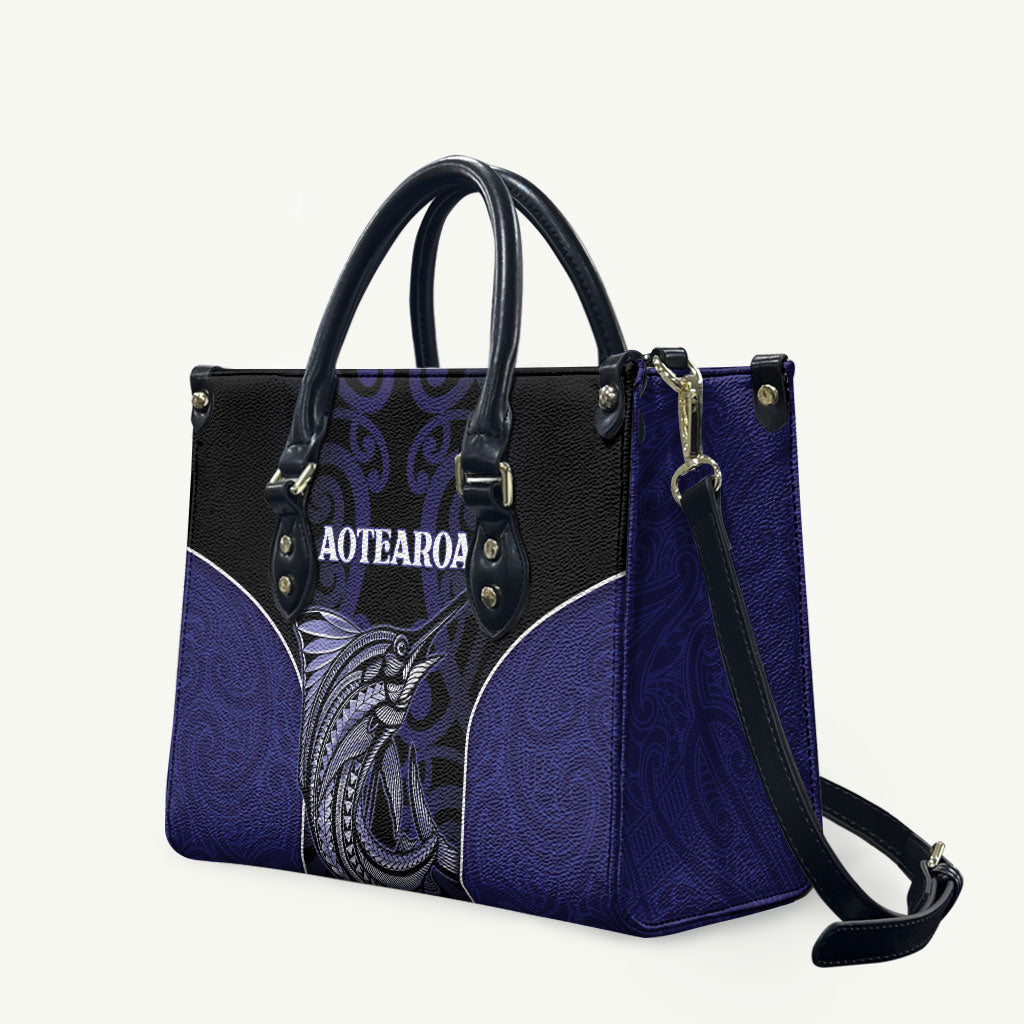 New Zealand Aotearoa Leather Bag Blue Marlin Fishing Maori Pattern