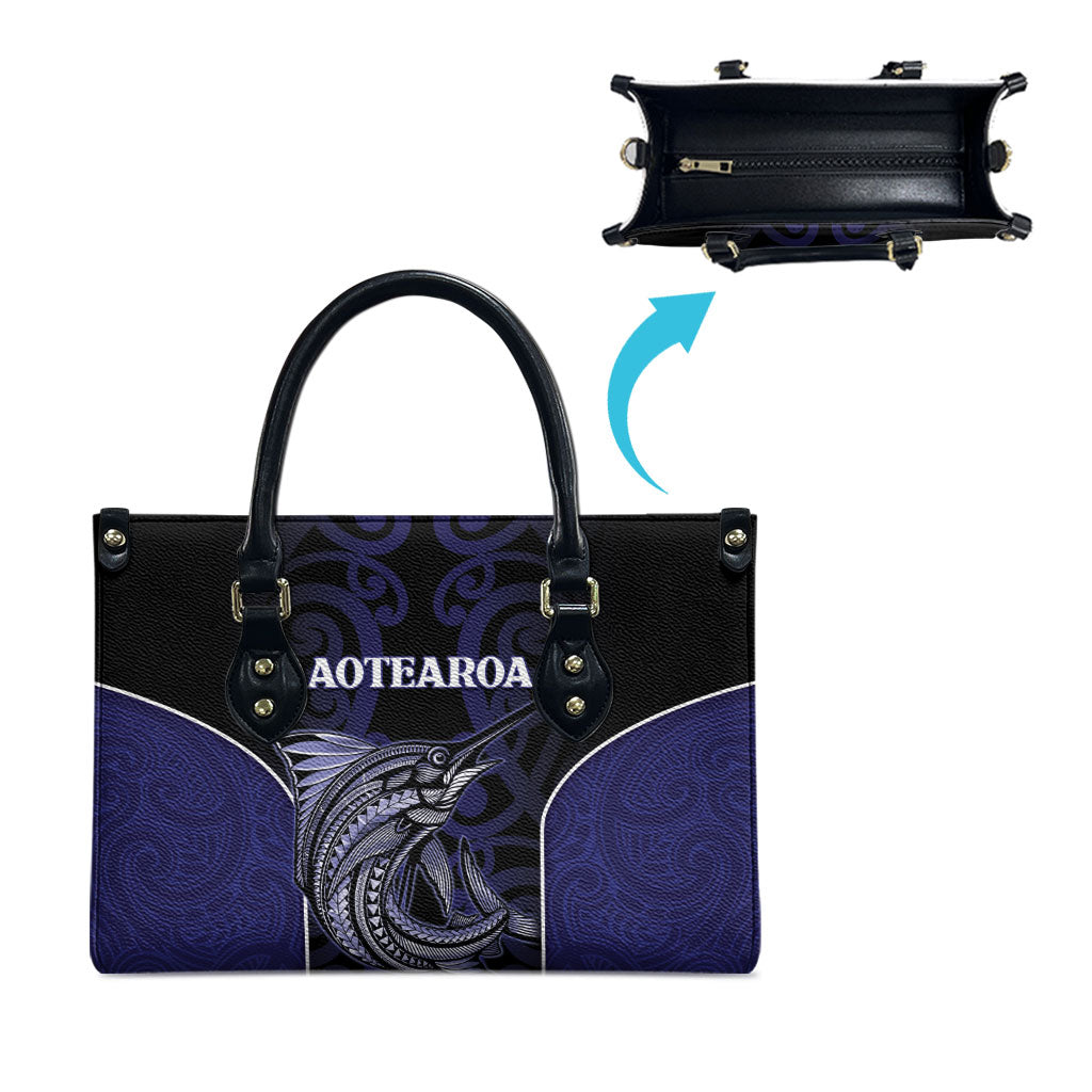 New Zealand Aotearoa Leather Bag Blue Marlin Fishing Maori Pattern