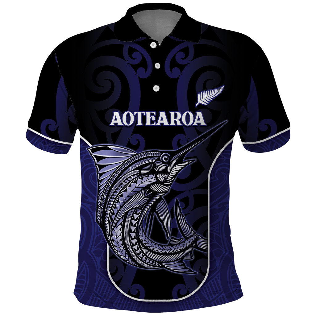 Personalised New Zealand Aotearoa Polo Shirt Blue Marlin Fishing Maori Pattern LT05 Black - Polynesian Pride