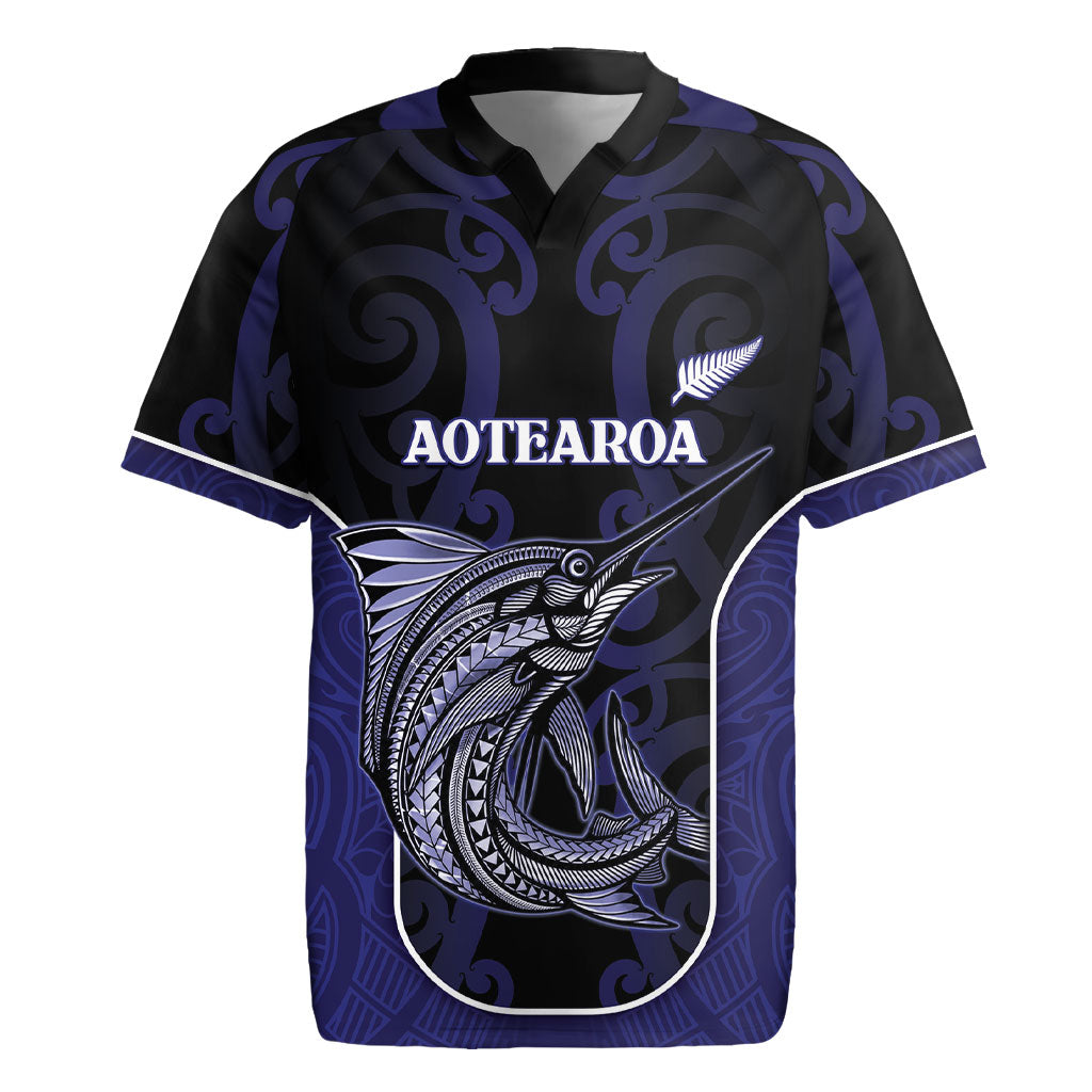 Personalised New Zealand Aotearoa Rugby Jersey Blue Marlin Fishing Maori Pattern LT05 Black - Polynesian Pride