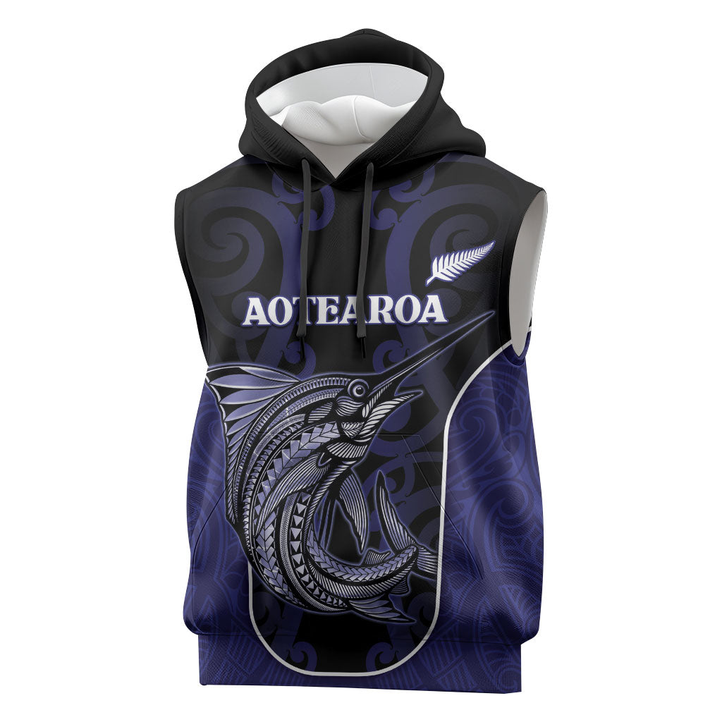 Personalised New Zealand Aotearoa Sleeveless Hoodie Blue Marlin Fishing Maori Pattern