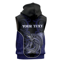 Personalised New Zealand Aotearoa Sleeveless Hoodie Blue Marlin Fishing Maori Pattern