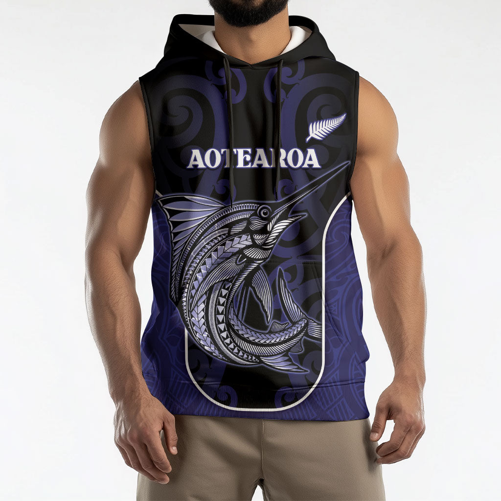 Personalised New Zealand Aotearoa Sleeveless Hoodie Blue Marlin Fishing Maori Pattern