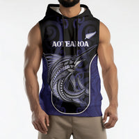 Personalised New Zealand Aotearoa Sleeveless Hoodie Blue Marlin Fishing Maori Pattern