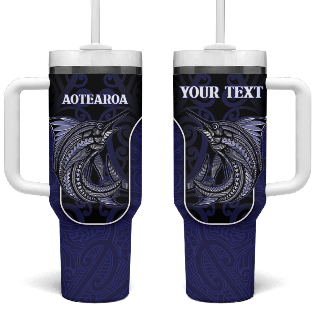 Personalised New Zealand Aotearoa Tumbler With Handle Blue Marlin Fishing Maori Pattern LT05 One Size: 40 oz Black - Polynesian Pride