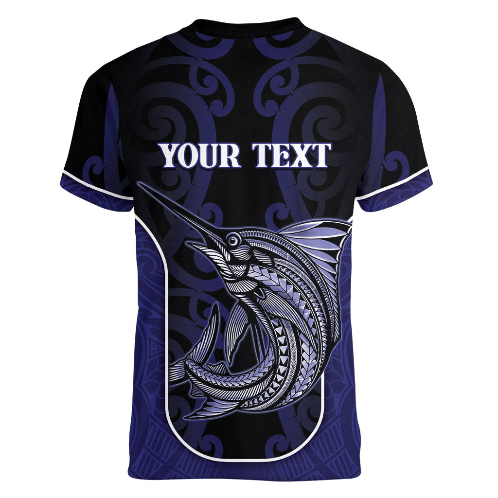 Personalised New Zealand Aotearoa Women V-Neck T-Shirt Blue Marlin Fishing Maori Pattern