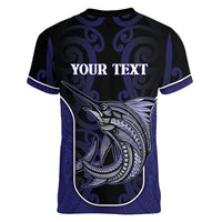 Personalised New Zealand Aotearoa Women V-Neck T-Shirt Blue Marlin Fishing Maori Pattern