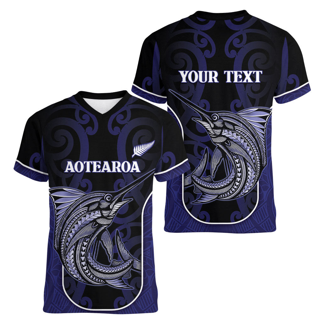 Personalised New Zealand Aotearoa Women V-Neck T-Shirt Blue Marlin Fishing Maori Pattern