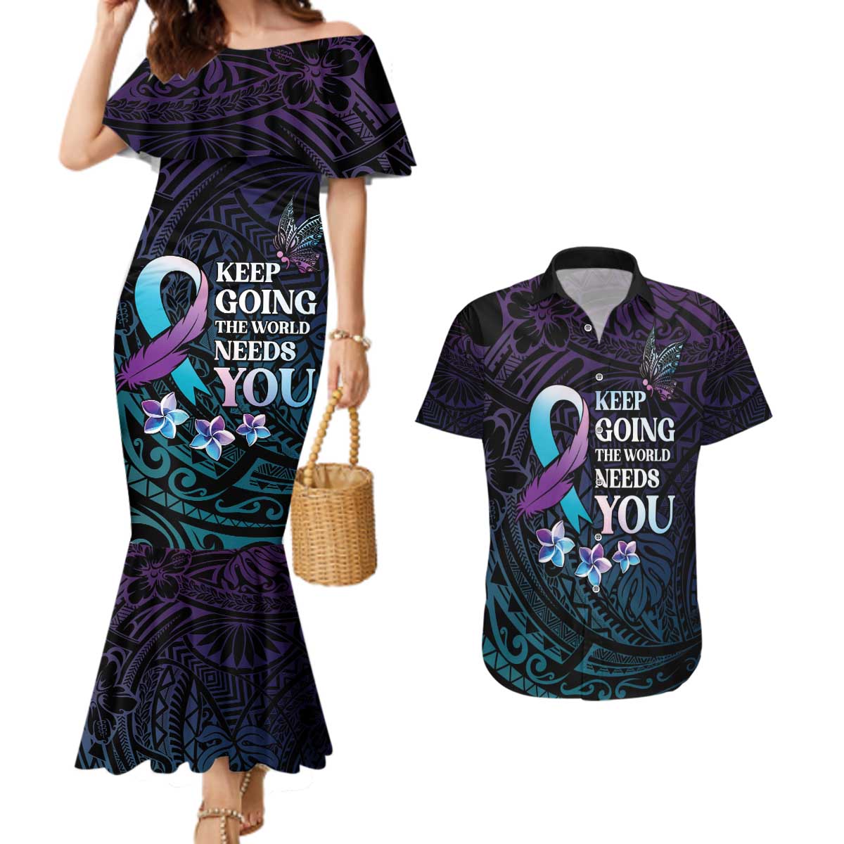 Polynesia Suicide Prevention Awareness Couples Matching Mermaid Dress and Hawaiian Shirt Keep Going The World Needs You LT05 Purple - Polynesian Pride