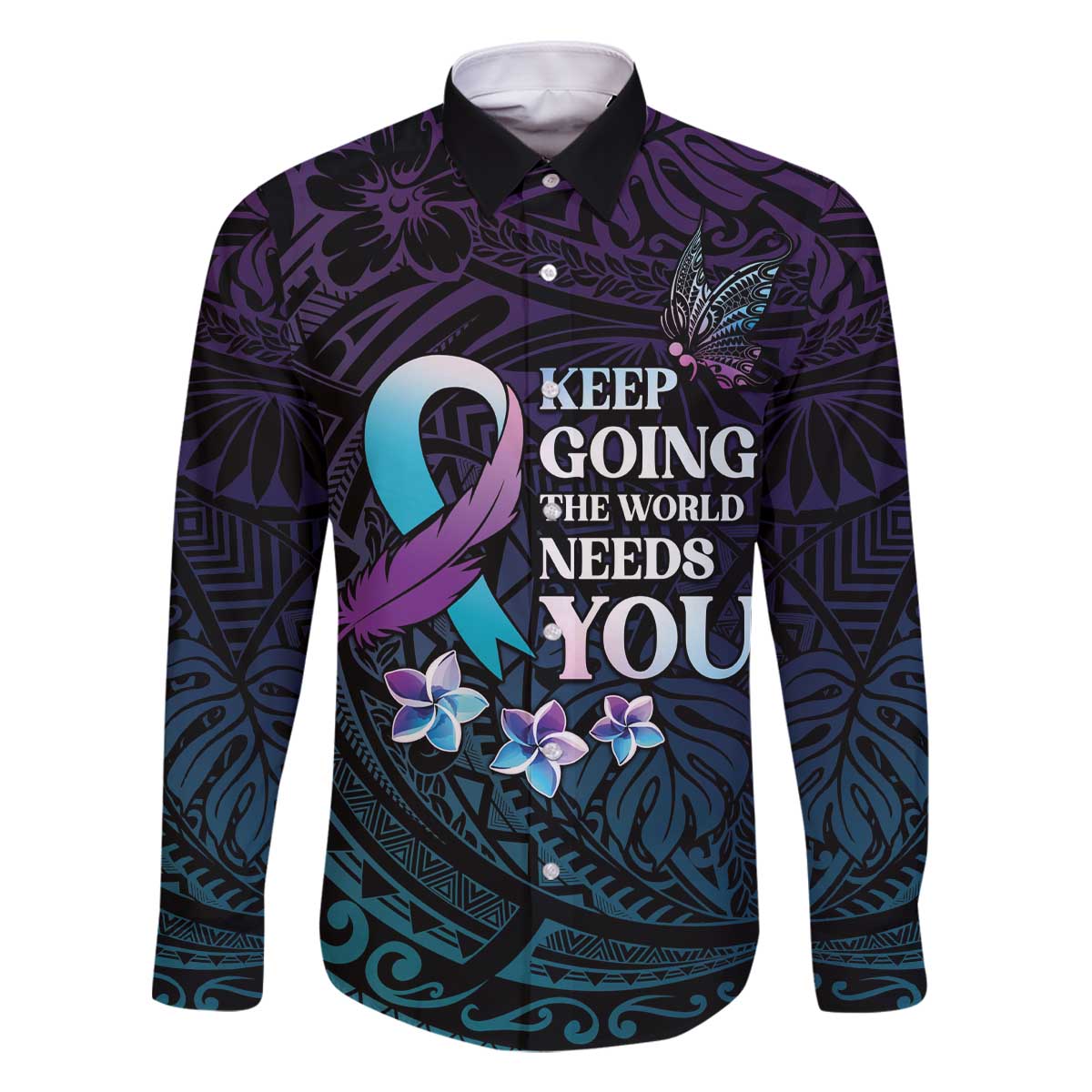 Polynesia Suicide Prevention Awareness Family Matching Off The Shoulder Long Sleeve Dress and Hawaiian Shirt Keep Going The World Needs You