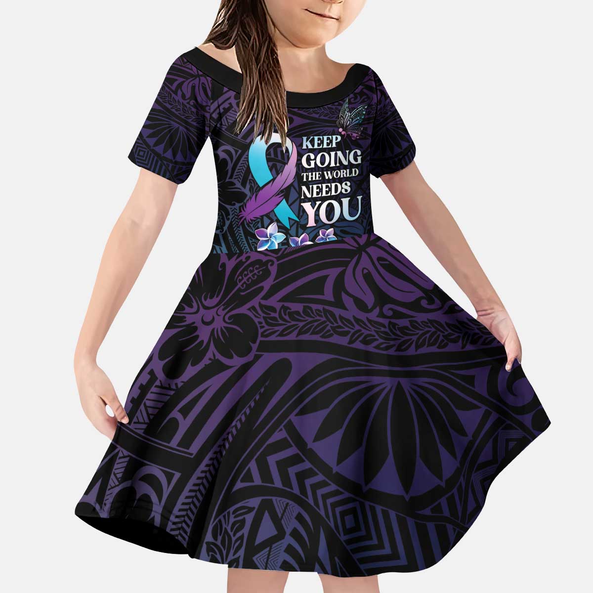Polynesia Suicide Prevention Awareness Kid Short Sleeve Dress Keep Going The World Needs You