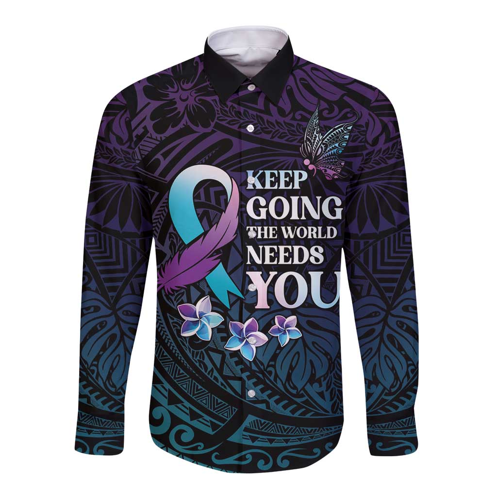 Polynesia Suicide Prevention Awareness Long Sleeve Button Shirt Keep Going The World Needs You LT05 Unisex Purple - Polynesian Pride