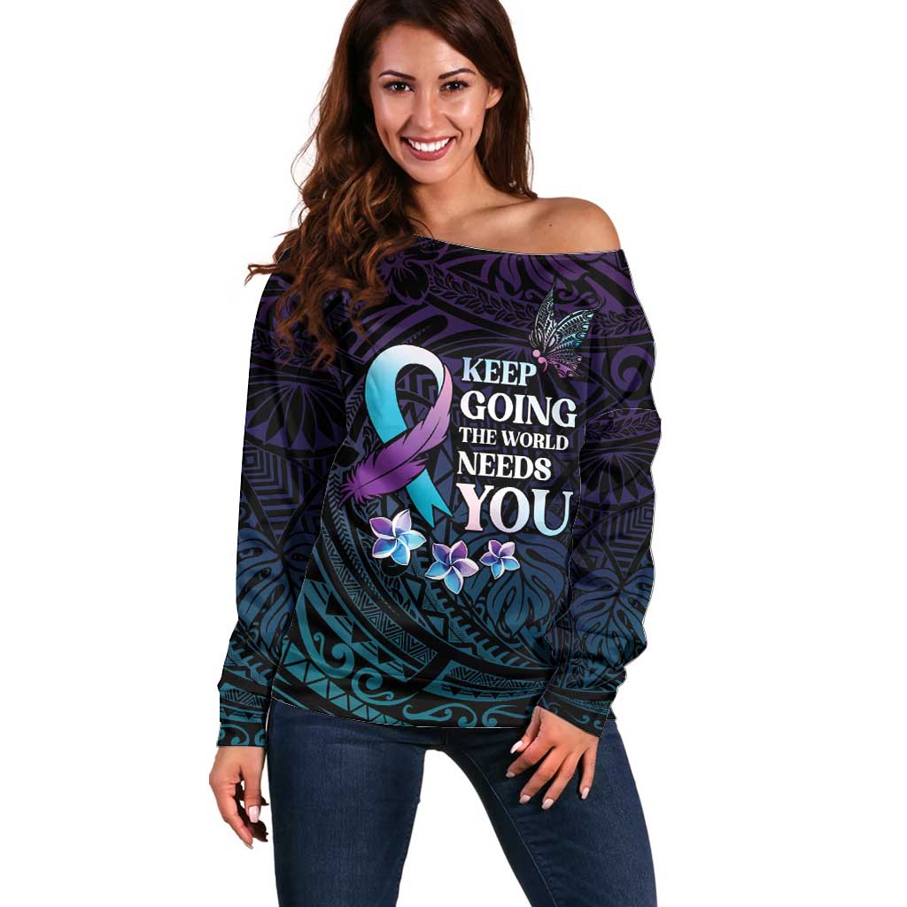 Polynesia Suicide Prevention Awareness Off Shoulder Sweater Keep Going The World Needs You LT05 Women Purple - Polynesian Pride