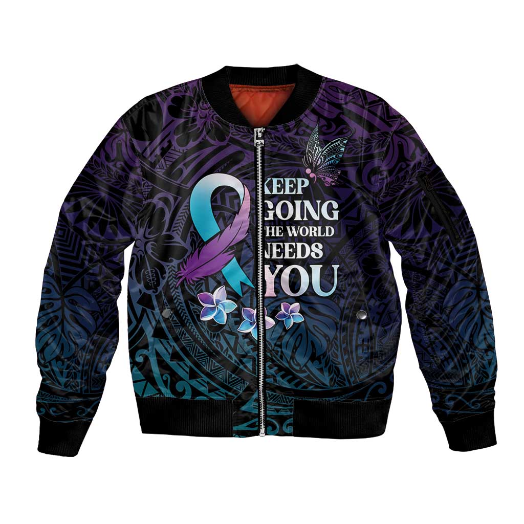 Polynesia Suicide Prevention Awareness Sleeve Zip Bomber Jacket Keep Going The World Needs You LT05 Unisex Purple - Polynesian Pride