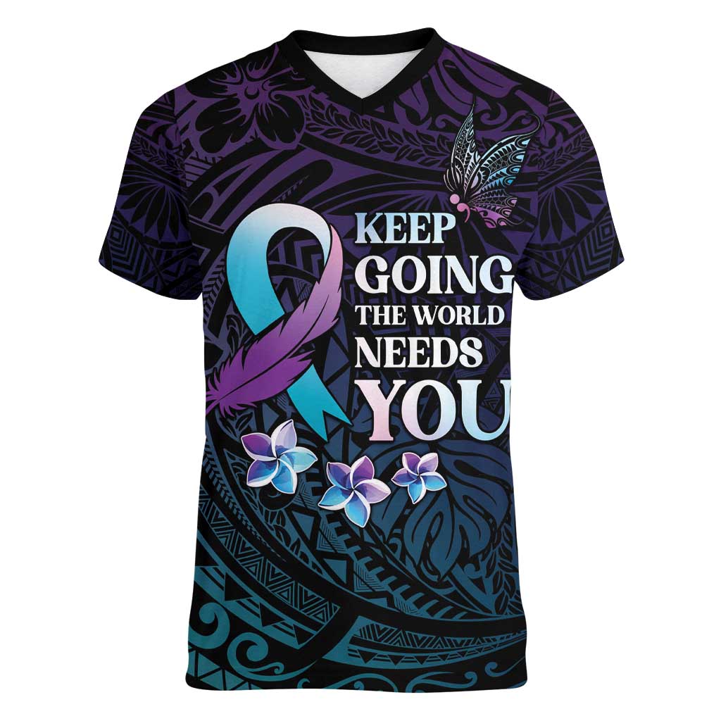 Polynesia Suicide Prevention Awareness Women V-Neck T-Shirt Keep Going The World Needs You LT05 Female Purple - Polynesian Pride