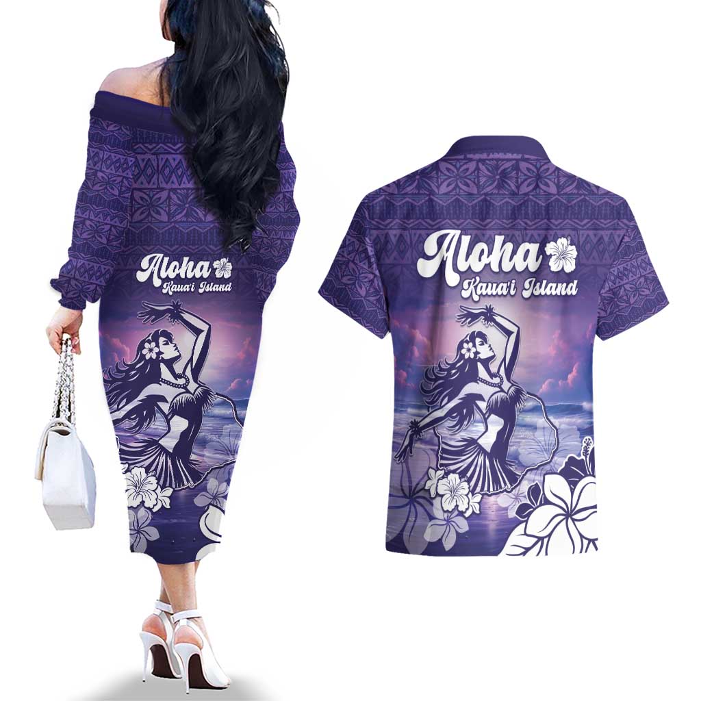 Aloha Hawaii Kauai Island Couples Matching Off The Shoulder Long Sleeve Dress and Hawaiian Shirt Hula Till You Drop