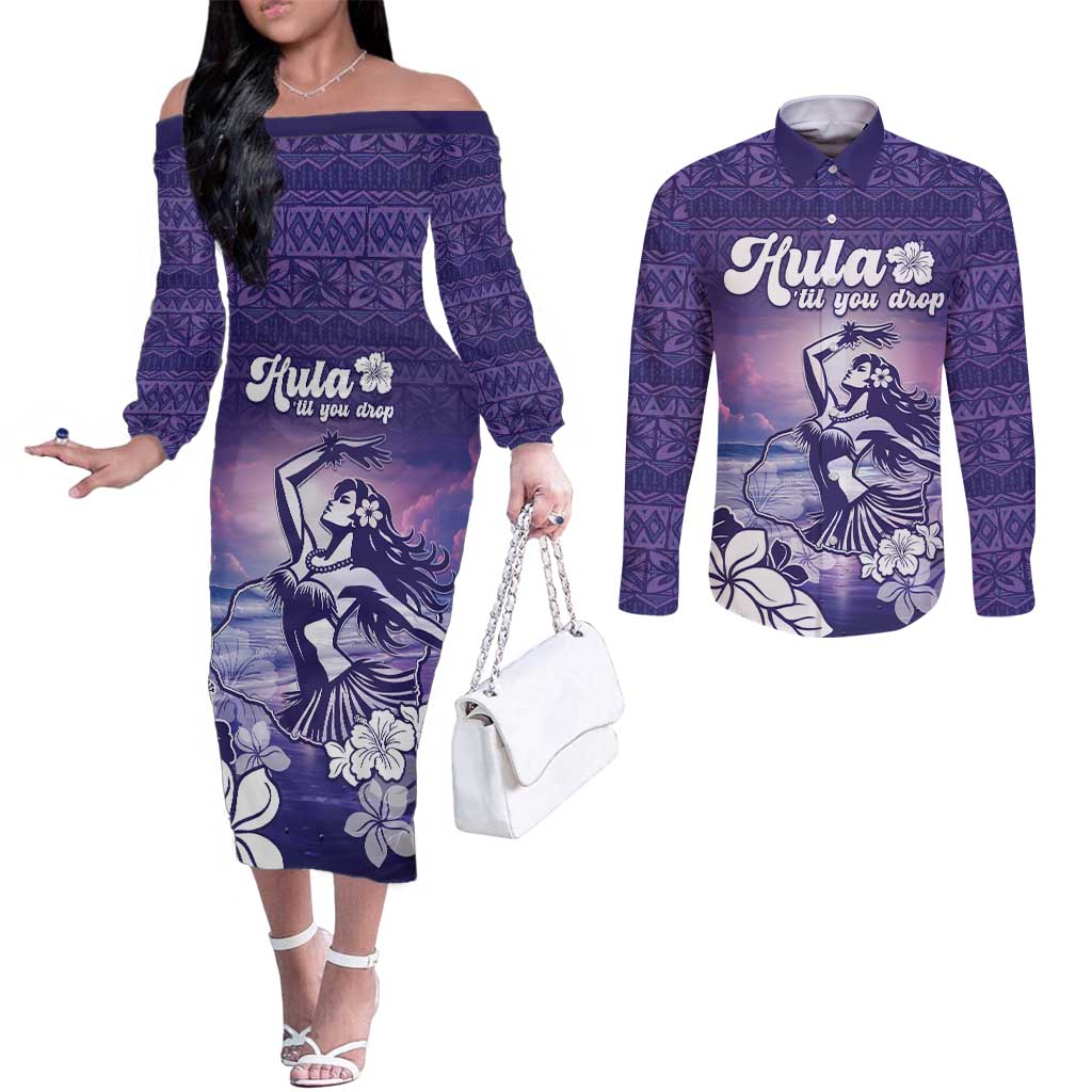 Aloha Hawaii Kauai Island Couples Matching Off The Shoulder Long Sleeve Dress and Long Sleeve Button Shirt Hula Till You Drop