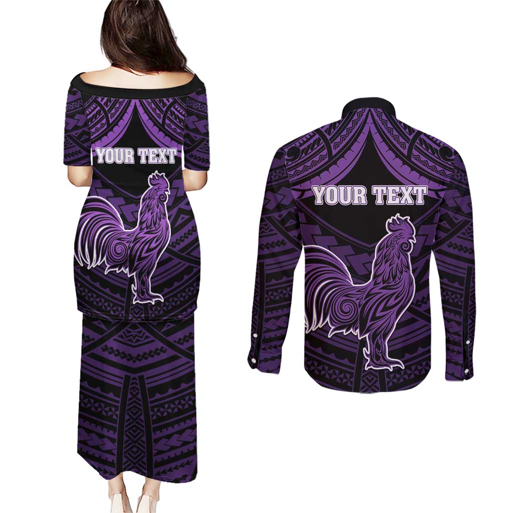 Personalised Hawaii Kauai Island Couples Matching Puletasi and Long Sleeve Button Shirt Rooster Tribal Tattoo Simple Style