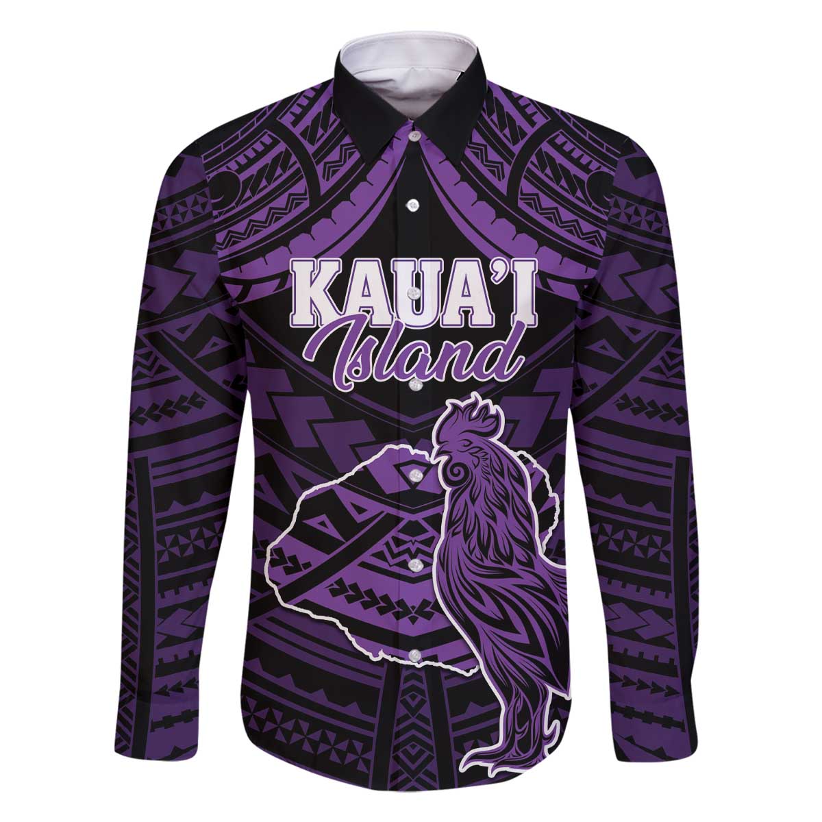 Personalised Hawaii Kauai Island Family Matching Off The Shoulder Long Sleeve Dress and Hawaiian Shirt Rooster Tribal Tattoo Simple Style LT05 Dad's Shirt - Long Sleeve Purple - Polynesian Pride