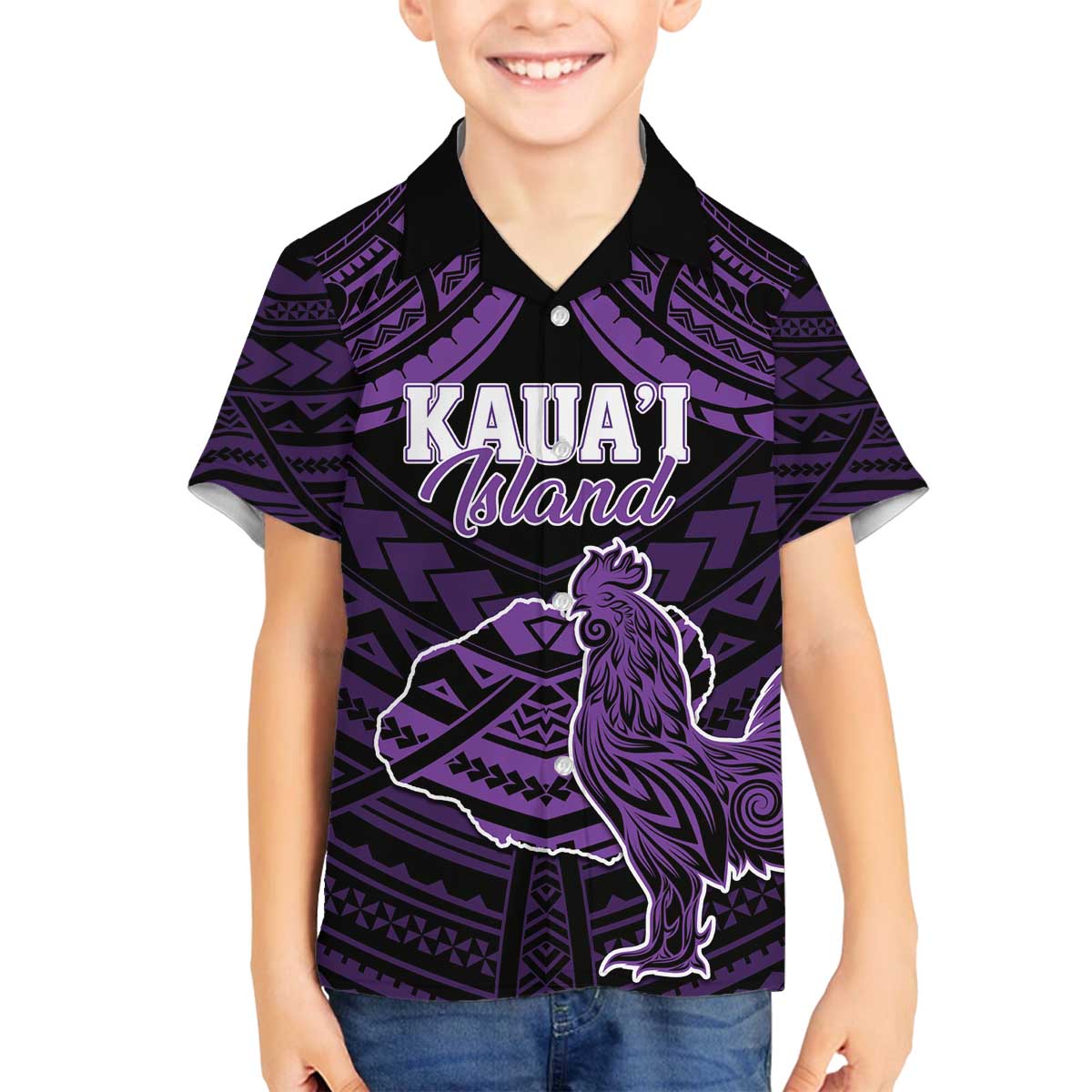 Personalised Hawaii Kauai Island Family Matching Off The Shoulder Long Sleeve Dress and Hawaiian Shirt Rooster Tribal Tattoo Simple Style LT05 Son's Shirt Purple - Polynesian Pride