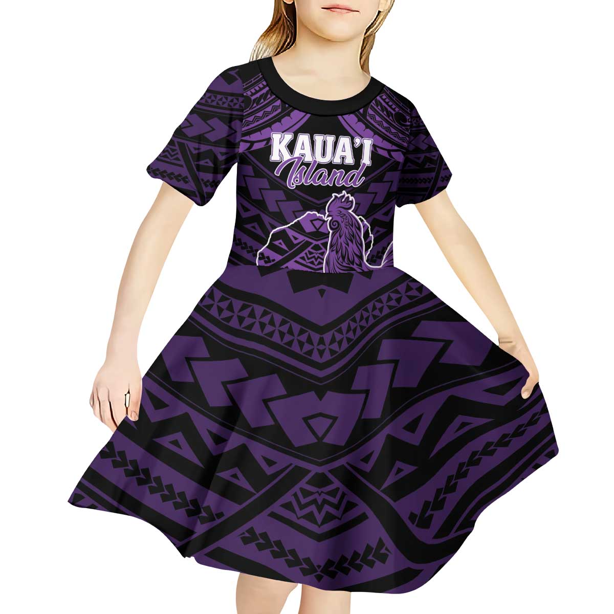 Personalised Hawaii Kauai Island Kid Short Sleeve Dress Rooster Tribal Tattoo Simple Style