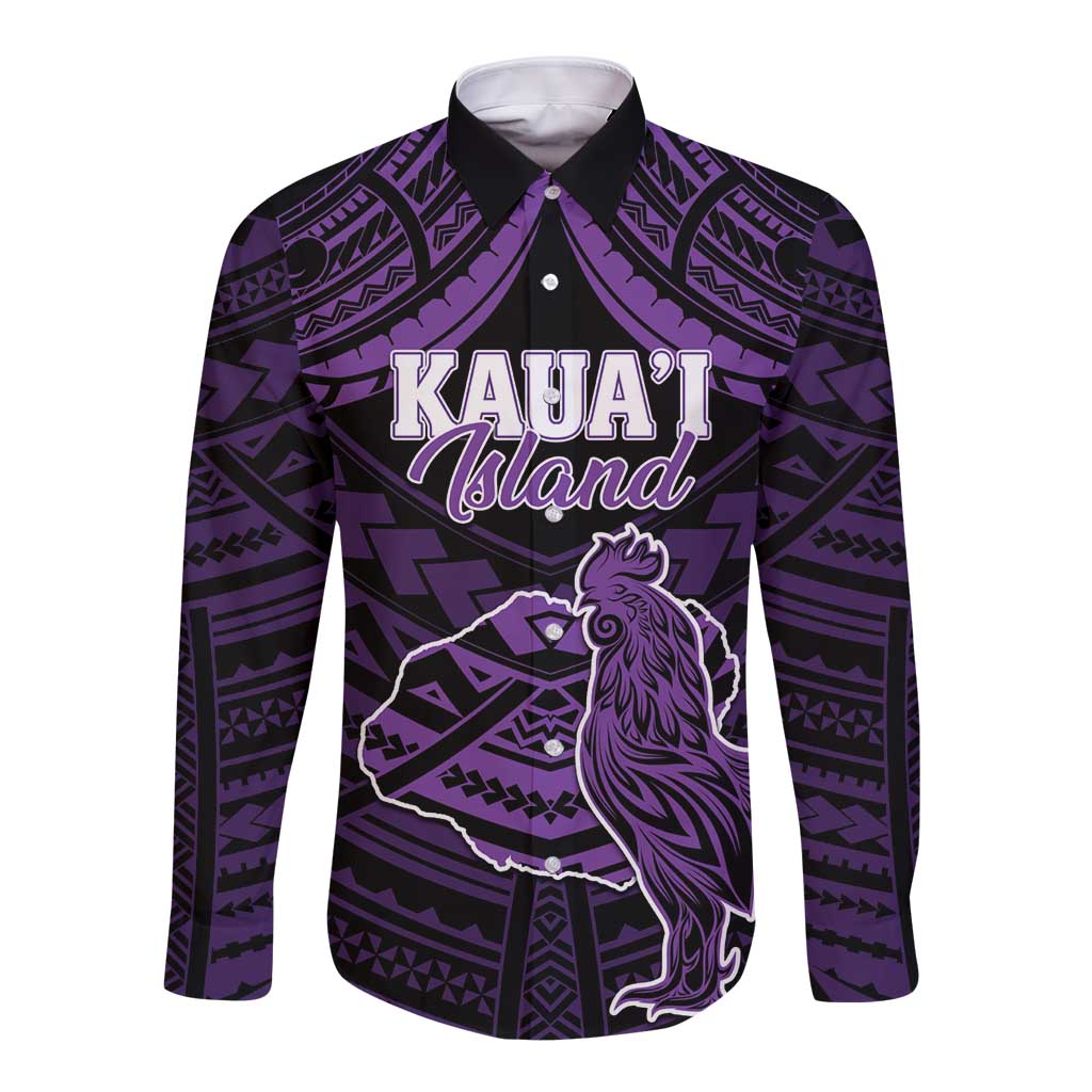 Personalised Hawaii Kauai Island Long Sleeve Button Shirt Rooster Tribal Tattoo Simple Style LT05 Unisex Purple - Polynesian Pride