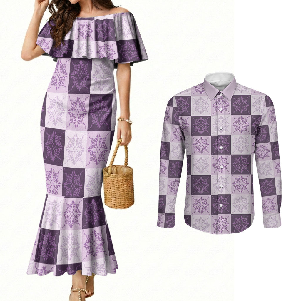 Lavender Manta Ray Hawaiian Quilt Motif Couples Matching Mermaid Dress and Long Sleeve Button Shirt