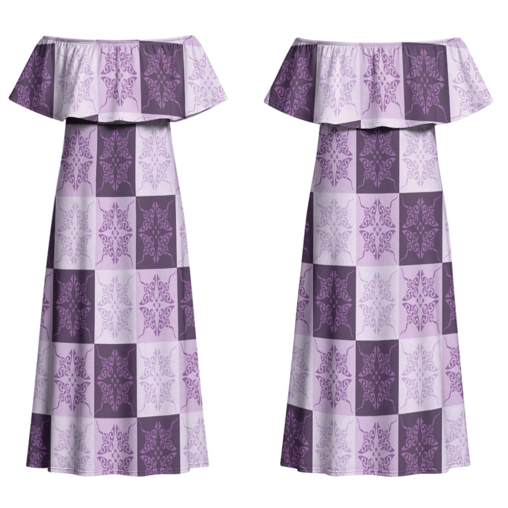 Lavender Manta Ray Hawaiian Quilt Motif Couples Matching Off Shoulder Maxi Dress and Long Sleeve Button Shirt