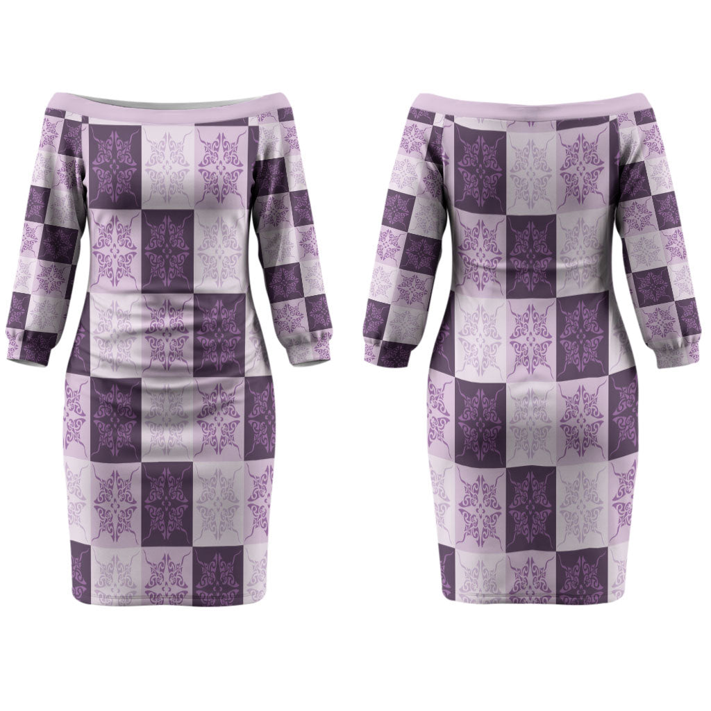 Lavender Manta Ray Hawaiian Quilt Motif Couples Matching Off The Shoulder Long Sleeve Dress and Long Sleeve Button Shirt