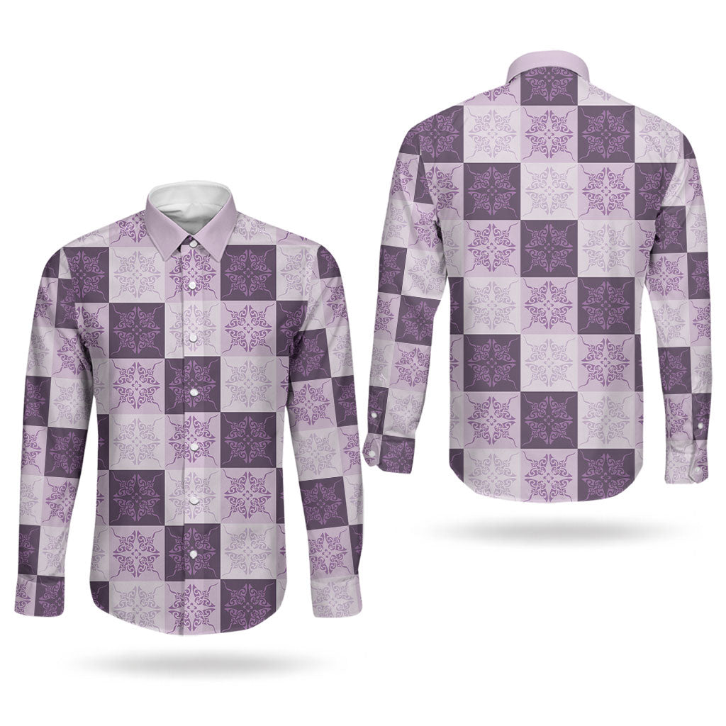 Lavender Manta Ray Hawaiian Quilt Motif Couples Matching Short Sleeve Bodycon Dress and Long Sleeve Button Shirt