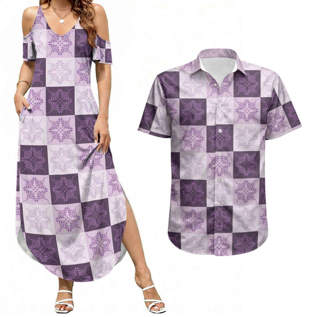 Lavender Manta Ray Hawaiian Quilt Motif Couples Matching Summer Maxi Dress and Hawaiian Shirt