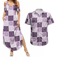 Lavender Manta Ray Hawaiian Quilt Motif Couples Matching Summer Maxi Dress and Hawaiian Shirt
