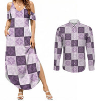Lavender Manta Ray Hawaiian Quilt Motif Couples Matching Summer Maxi Dress and Long Sleeve Button Shirt