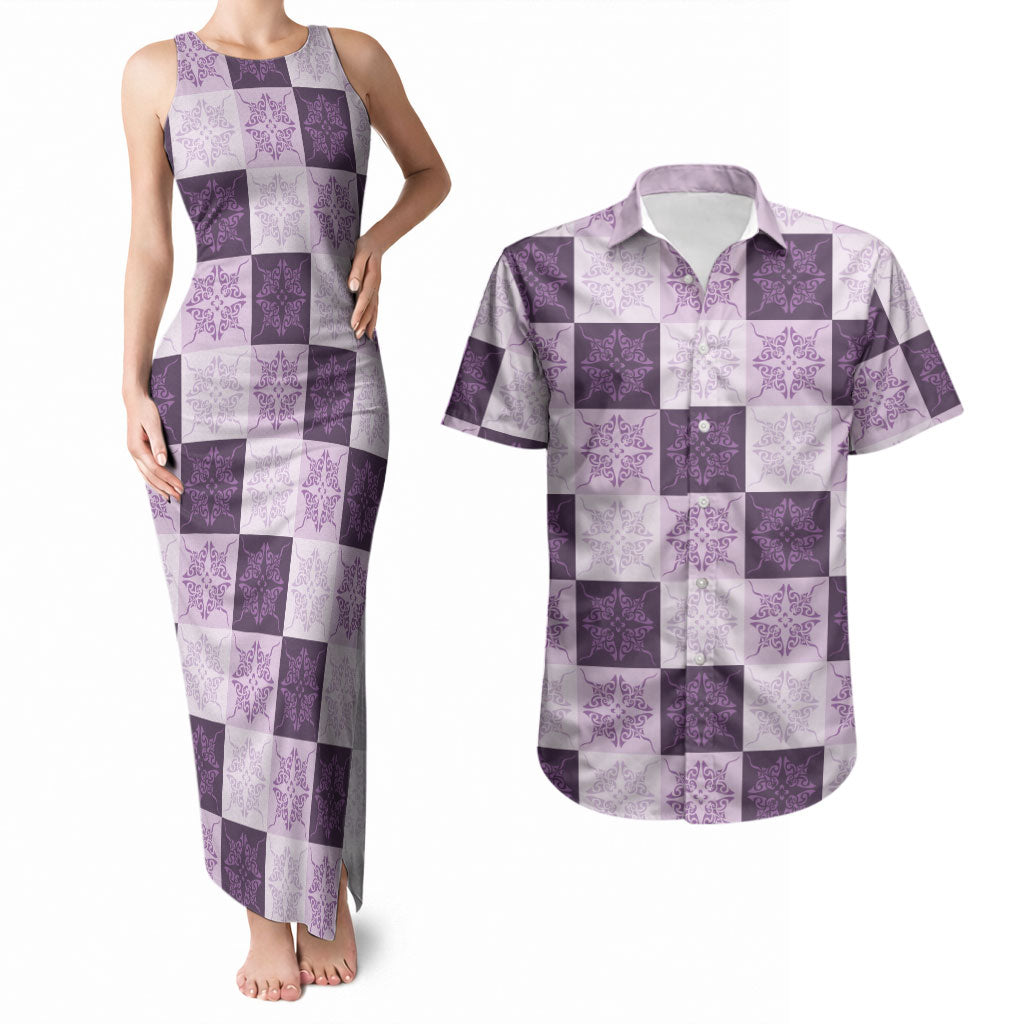 Lavender Manta Ray Hawaiian Quilt Motif Couples Matching Tank Maxi Dress and Hawaiian Shirt