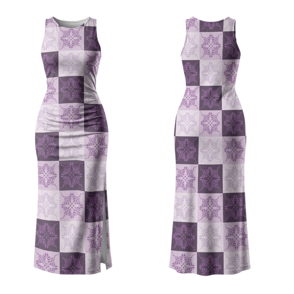 Lavender Manta Ray Hawaiian Quilt Motif Couples Matching Tank Maxi Dress and Long Sleeve Button Shirt