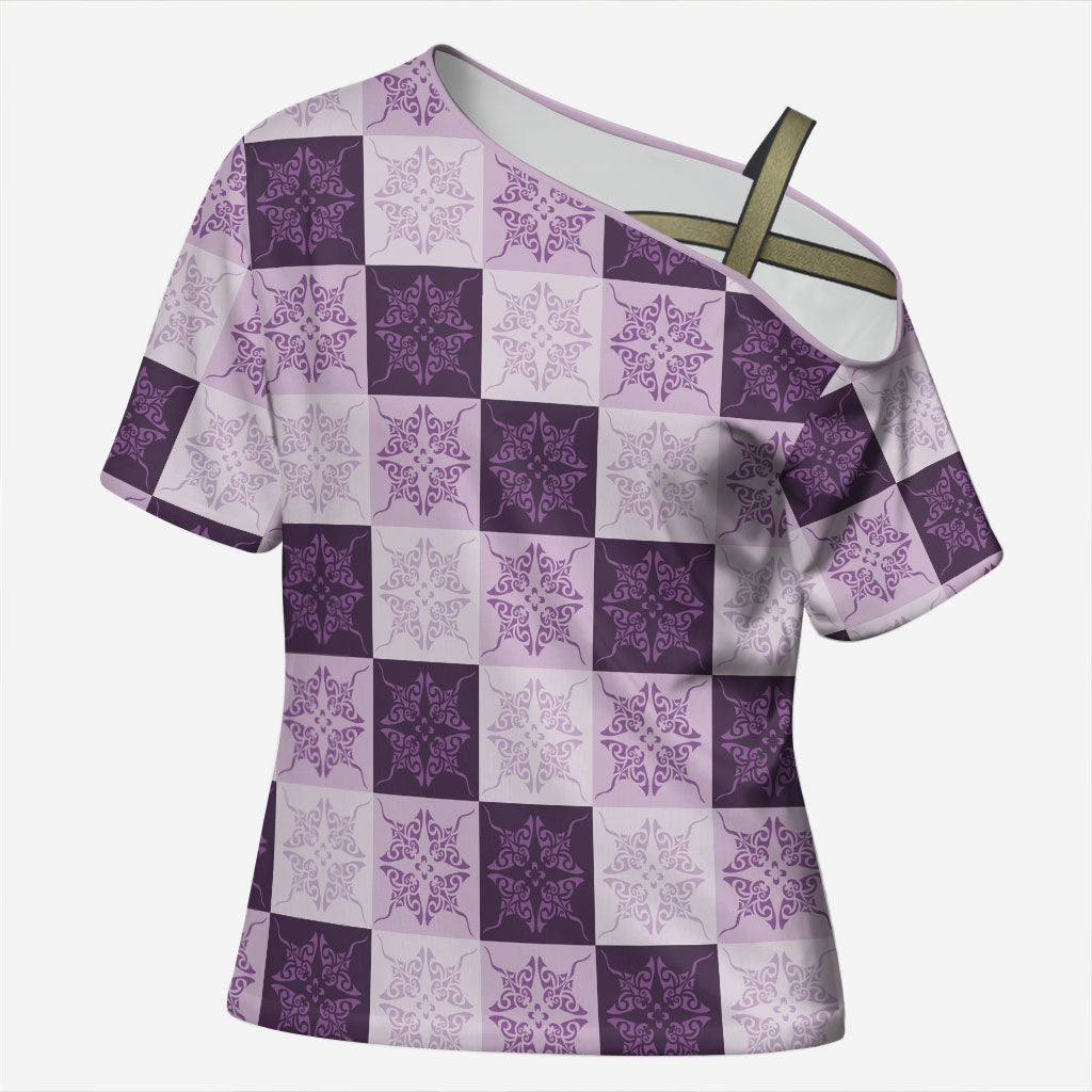 Lavender Manta Ray Hawaiian Quilt Motif Cross Shoulder Shirt