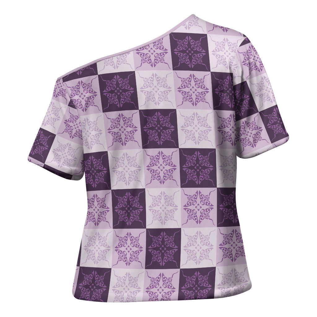 Lavender Manta Ray Hawaiian Quilt Motif Cross Shoulder Shirt